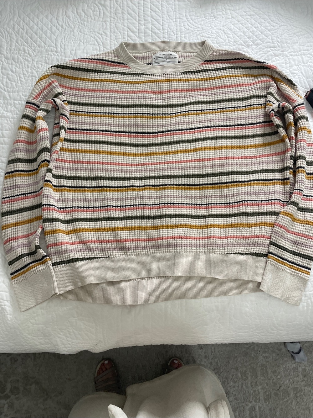 REI Striped Waffle-Knit Crewneck Sweater in Cream, Pink, Mustard & Olive
